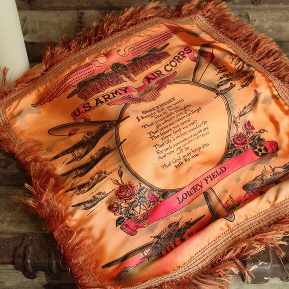 Vintage 1940s Pillowcase, US Army Air Corps Sweetheart Souvenir Orange Satin - Picture 1 of 10